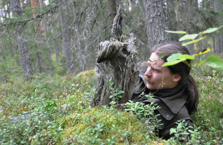 Pyry Veteli tutkii kantoa metsässä